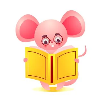 Cute pink humanized mouse character sitting and reading a book. Vector Illustrazione stock