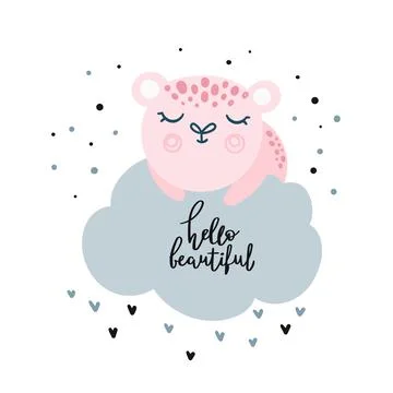 Cute pink leopard sleeps on a cloud Stock Illustration