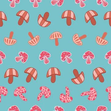 Cute pink mushrooms seamless pattern on green Stock Illustration