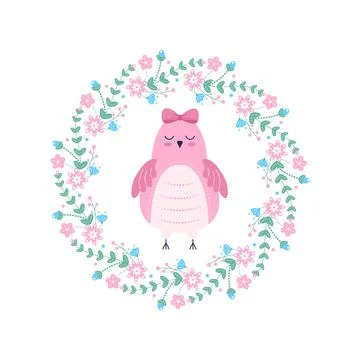 Cute pink  newborn chick inside a floral wreath. Stock Illustration