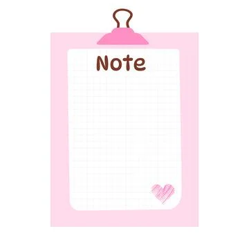 Cute pink note template for planning with clip and heart. Cozy design of sc.. Stock Illustration