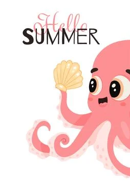 Cute pink octopus holding a shell with cheerful "Hello Summer" text Stock Illustration