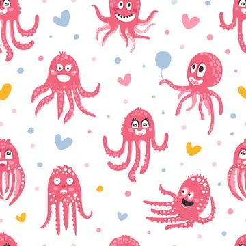 Cute Pink Octopus Seamless Pattern Design, Funny Sea Creature Character Stock Illustration