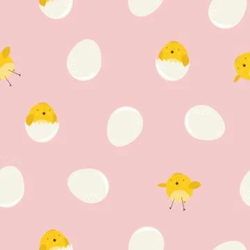 Cute pink pattern with cartoon yellow chickens Stock Illustration