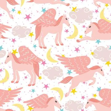 Cute pink pegasus vector seamless pattern design illustration Stock Illustration