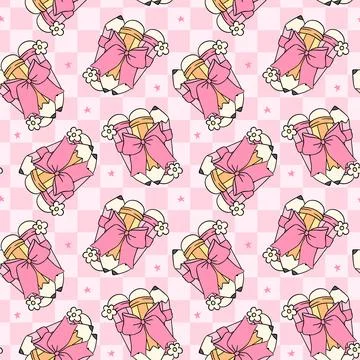 Cute Pink Pencil Back to School Coquette Seamless Pattern Groovy School Sup.. Stock Illustration