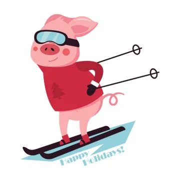 Cute pink pig down the mountain on skis. Downhill skier Vector illustration Stock Illustration