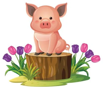 Cute Pink Pig Sitting on a Tree Stump with Spring Tulips Stock Illustration
