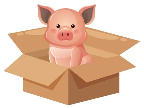 Cute Pink Piglet Sitting Inside an Open Cardboard Box Illustration Stock Illustration