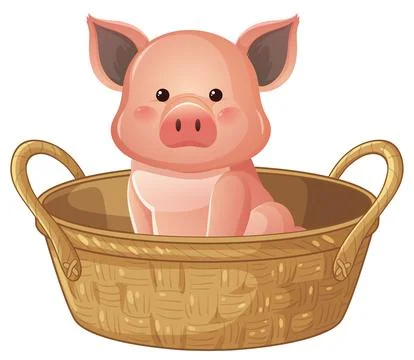 Cute Pink Piglet Sitting Inside a Woven Wicker Basket Illustration Stock Illustration