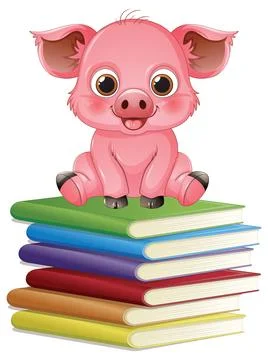 Cute Pink Piglet Sitting on a Stack of Colorful Books Stock Illustration