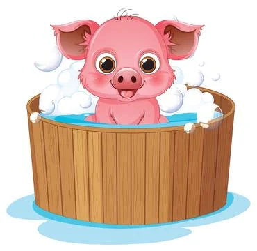 Cute Pink Piglet Taking a Bubble Bath in Wooden Tub Stock Illustration