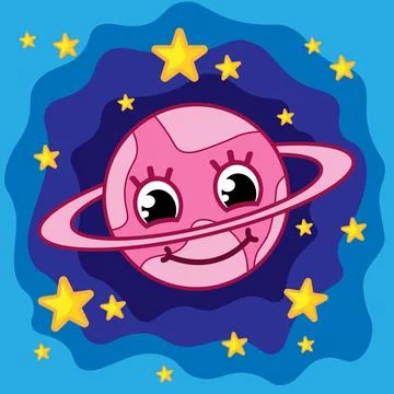 Cute pink planet in space. Pretty character. Stock Illustration