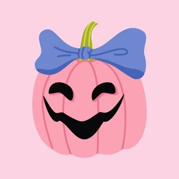 Cute pink pumpkin with blue bow jack o lantern Stock Illustration