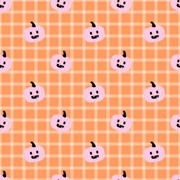 Cute Pink Pumpkin Halloween Pattern on Orange Plaid Background Illustrazione stock