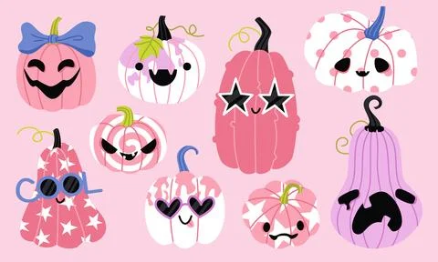 Cute pink pumpkins with funny faces vector set Stock Illustration