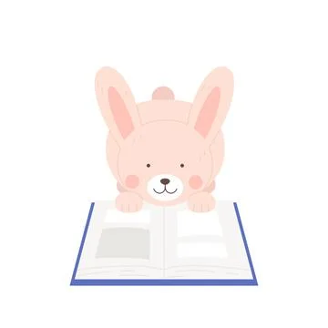 Cute pink rabbit reading a book Stock Illustration