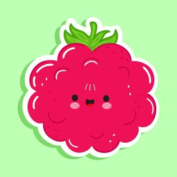 Cute pink raspberry fruit kawaii character sticker Stock Illustration