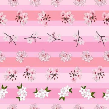 Cute pink repeat pattern with sakura flowers on stripes Stock Illustration