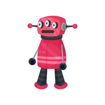 Cute pink robot with two legs and arms. Vector illustration on white background. Stock Illustration