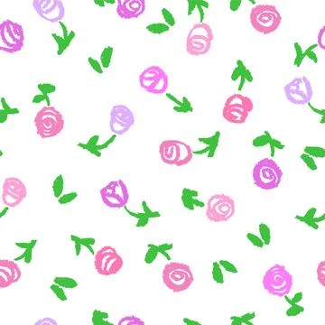 Cute pink roses seamless pattern. Crayon or pastel chalk hand drawing doodle Stock Illustration