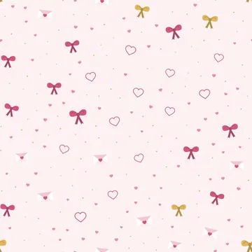 Cute pink seamless pattern with bows, love letters, outline hearts and tiny Stock Illustration