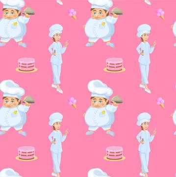 Cute pink seamless pattern with chef dishes. Yummy Stock Illustration