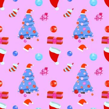 Cute pink seamless pattern with christmas tree Stock Illustration