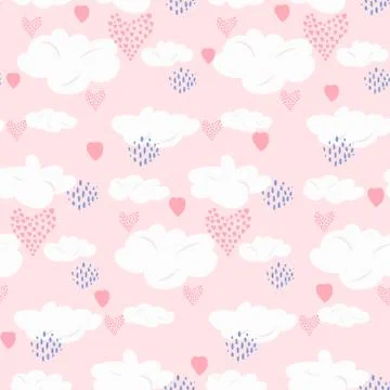 Cute pink seamless pattern with clouds and hearts Stock Illustration