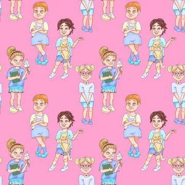Cute pink seamless pattern. Happy boys and girls. Stock Illustration
