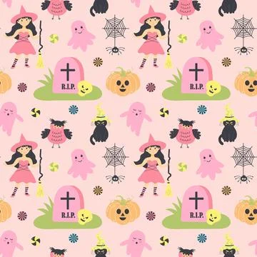 Cute pink seamless pattern with witch, ghosts, cat, grave, pumpkin, owl, sp.. Stock Illustration