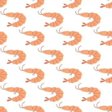 Cute Pink Shrimp Seamless Pattern on White Background Illustrazione stock