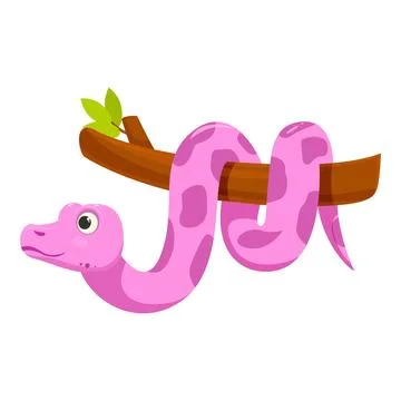 Cute pink snake hanging on a tree branch 库存插图