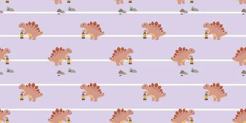 Cute pink stegosaurus dinosaur pattern with yellow flowers on purple background Stock Illustration