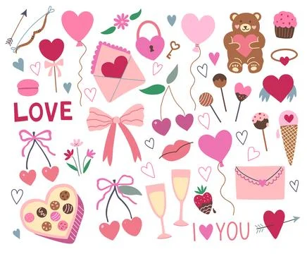 Cute pink Valentine doodle elements, hearts, candies, bows, coquette cherri.. 스톡 일러스트