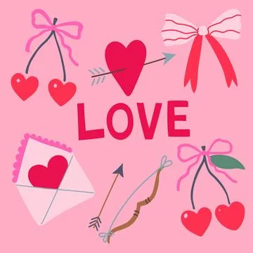 Cute pink Valentine doodle elements, hearts, bows, coquette cherries. Valen.. Illustrazione stock