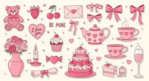 Cute Pink Valentine's Day Elements: Teddy Bear, Cake, Tea Set, Flowers, Sweet Illustrazione stock