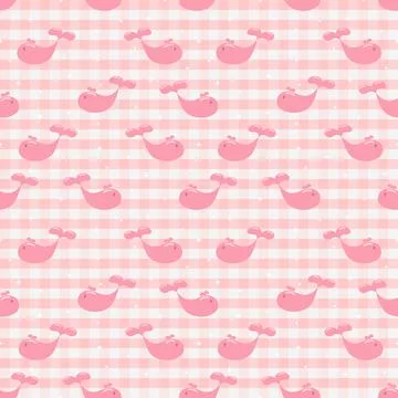 Cute Pink Whale Seamless Pattern on Pastel Gingham Check Background Stock Illustration