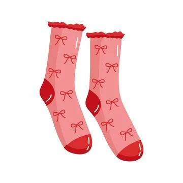 Cute pink winter socks with small bow pattern hanging on clothesline vector i Illustrazione stock
