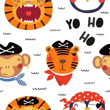 Cute pirate animals seamless pattern 스톡 일러스트