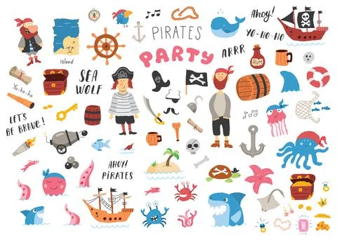 Cute Pirate elements collection. Cartoon sea adventures items set. Vector i.. Stock Illustration