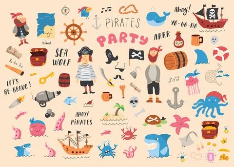 Cute Pirate elements collection. Cartoon sea adventures items set. Vector i.. Stock Illustration
