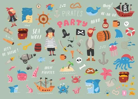 Cute Pirate elements collection. Cartoon sea adventures items set. Vector ill Stock Illustration