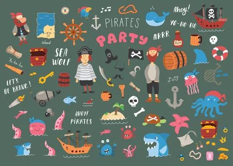 Cute Pirate elements collection. Cartoon sea adventures items set. Vector i.. Stock Illustration