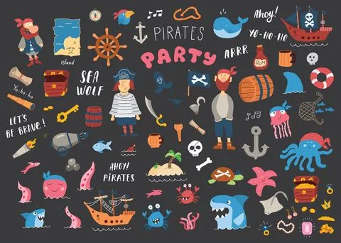 Cute Pirate elements collection. Cartoon sea adventures items set. Vector i.. Stock Illustration