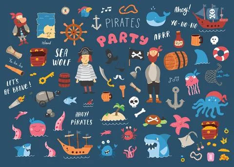 Cute Pirate elements collection. Cartoon sea adventures items set. Vector i.. Stock Illustration