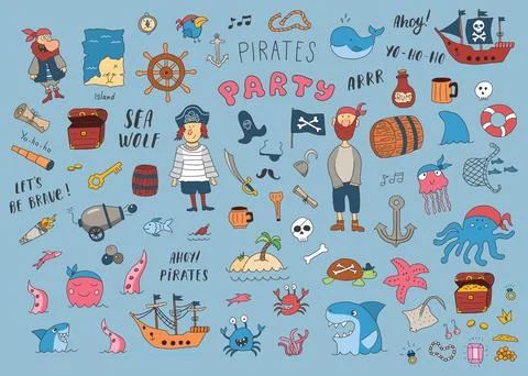 Cute Pirate elements collection. Cartoon sea adventures items set. Vector i.. Stock Illustration