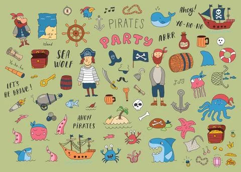 Cute Pirate elements collection. Cartoon sea adventures items set. Vector i.. Stock Illustration