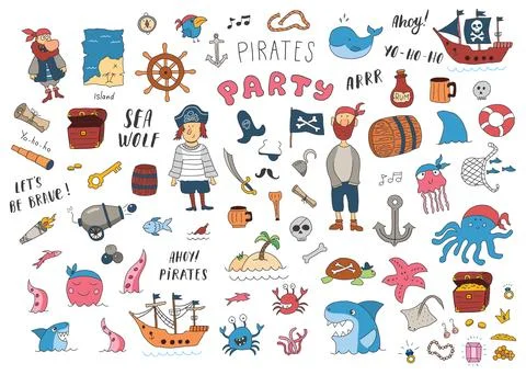 Cute Pirate elements collection. Cartoon sea adventures items set. Vector i.. Stock Illustration