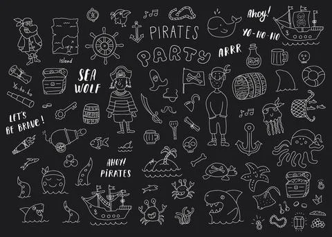 Cute Pirate elements collection. Cartoon sea adventures items set. Vector ill Stock Illustration